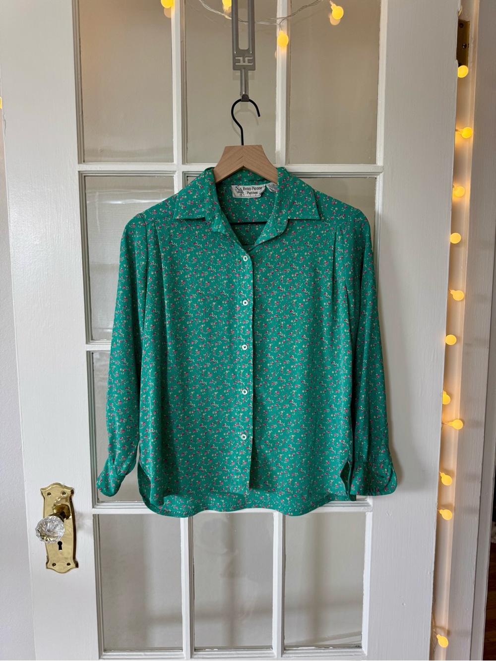 Evan Picone Vintage Teal Green Ditsy Floral Button-Down Blouse